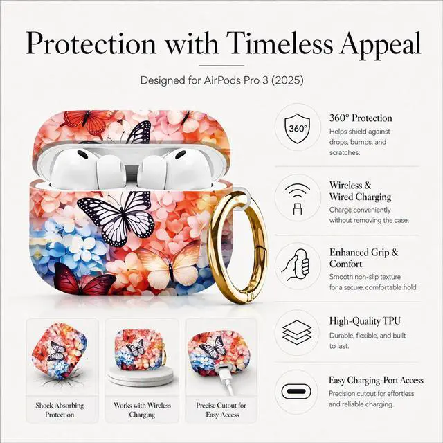 Alt view image 5 of 7 - Compatible with AirPod Pro 3 Case (2025), Stylish Pattern Protective Cover with Keychain, Shockproof Anti-Drop TPU Case for Women and Men(Butterfly Floral)