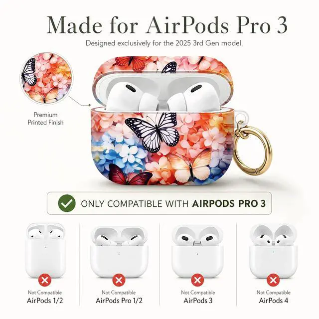 Alt view image 6 of 7 - Compatible with AirPod Pro 3 Case (2025), Stylish Pattern Protective Cover with Keychain, Shockproof Anti-Drop TPU Case for Women and Men(Butterfly Floral)