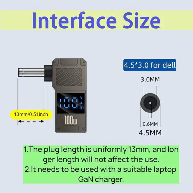Alt view image 2 of 6 - 100W PD Power Charger Connector Tip (4.5 X 3.0mm Dell Small Head) with 100W/5A USB C Cable (1.5M)