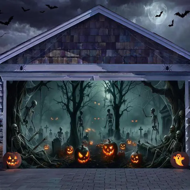 Main image of 7x16 Ft Halloween Decorations Skeleton Garage Door Cover, Black and Red, Outdoor Party Decoration, Photography Background Backdrop