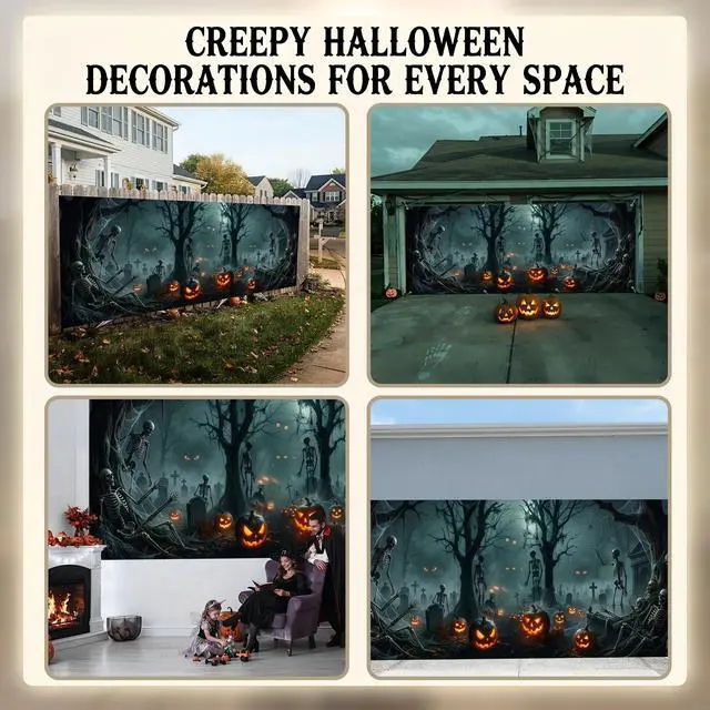 Alt view image 5 of 7 - 7x16 Ft Halloween Decorations Skeleton Garage Door Cover, Black and Red, Outdoor Party Decoration, Photography Background Backdrop