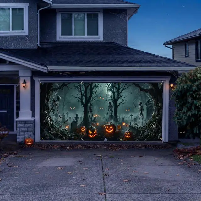 Alt view image 6 of 7 - 7x16 Ft Halloween Decorations Skeleton Garage Door Cover, Black and Red, Outdoor Party Decoration, Photography Background Backdrop