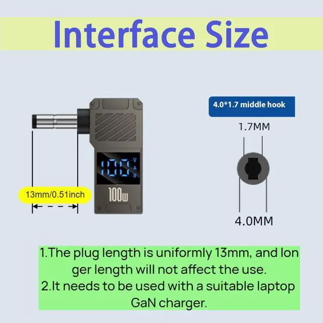 Alt view image 2 of 6 - 100W PD Power Charger Connector Tip Compatible with 4.0 x 1.7mm Lenovo or Dell with 100W/5A USB C Cable (1.5M)