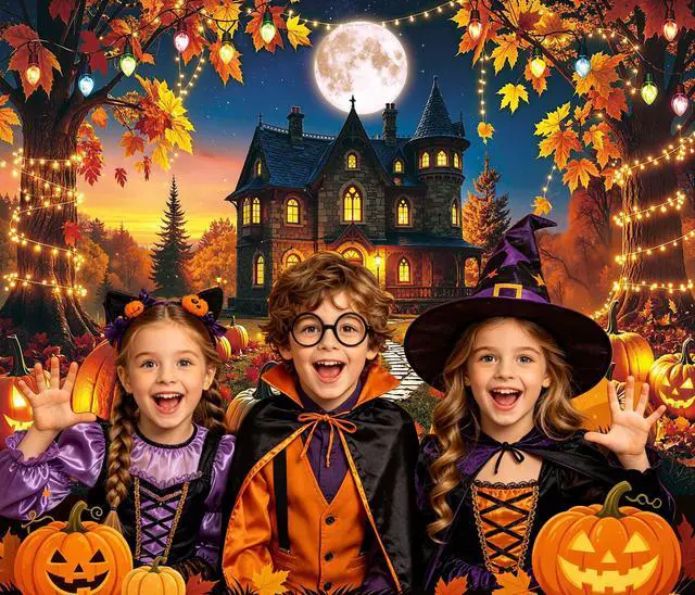 Alt view image 2 of 7 - Fall Halloween Backdrop Spooky Haunted House Full Moon Pumpkin Banner | 8x6ft Autumn Halloween Pumpkin Photography Background, Fall Halloween Party Decorations Banner, Photo Props