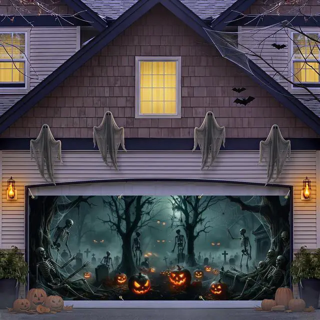 Alt view image 7 of 7 - 7x16 Ft Halloween Decorations Skeleton Garage Door Cover, Black and Red, Outdoor Party Decoration, Photography Background Backdrop