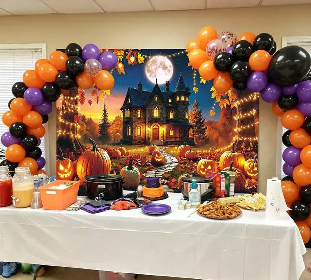 Alt view image 5 of 7 - Fall Halloween Backdrop Spooky Haunted House Full Moon Pumpkin Banner | 8x6ft Autumn Halloween Pumpkin Photography Background, Fall Halloween Party Decorations Banner, Photo Props