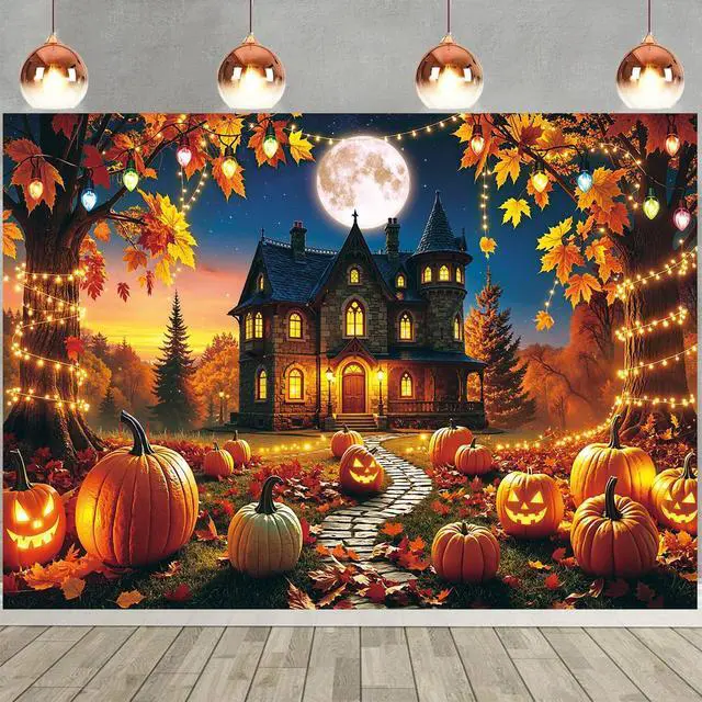 Alt view image 3 of 7 - Fall Halloween Backdrop Spooky Haunted House Full Moon Pumpkin Banner | 8x6ft Autumn Halloween Pumpkin Photography Background, Fall Halloween Party Decorations Banner, Photo Props
