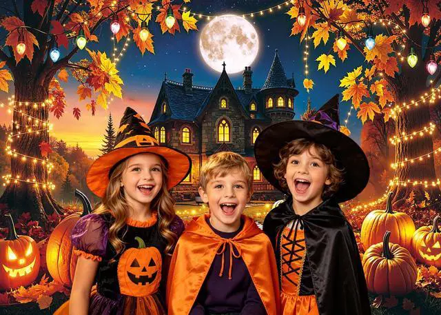 Alt view image 4 of 7 - Fall Halloween Backdrop Spooky Haunted House Full Moon Pumpkin Banner | 8x6ft Autumn Halloween Pumpkin Photography Background, Fall Halloween Party Decorations Banner, Photo Props
