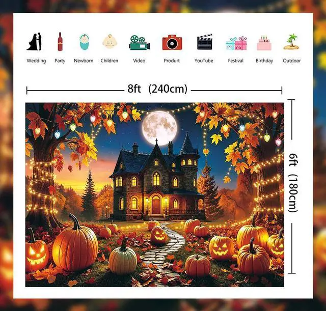 Alt view image 6 of 7 - Fall Halloween Backdrop Spooky Haunted House Full Moon Pumpkin Banner | 8x6ft Autumn Halloween Pumpkin Photography Background, Fall Halloween Party Decorations Banner, Photo Props