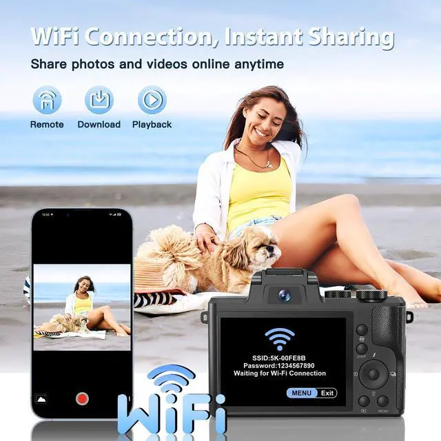 Alt view image 4 of 6 - 8K Digital Cameras for Photography Autofocus, WiFi 88MP Vlogging Camera with Dual-Lens, Flash, 16X Digital Zoom, Touch Screen, Travel Camera Anti-Shake with Lens Hood, 64GB Card,2 Batteries