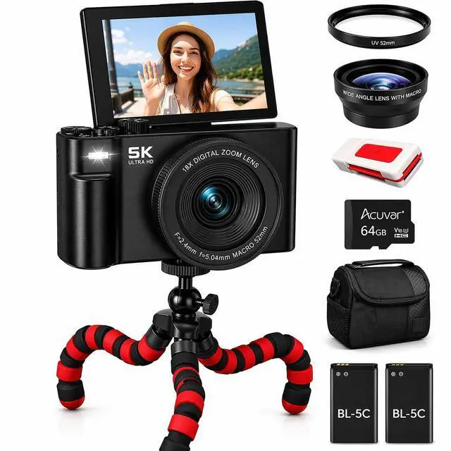 Main image of 5K Vlogging Camera with Flip Screen & Flexible Mini Tripod 75MP Compact Camera for YouTube, WiFi, 18X Zoom, Portable Camera Kit with Lens & Case