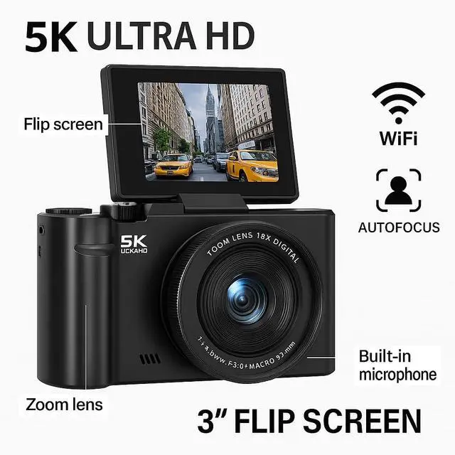 Alt view image 2 of 6 - 5K Vlogging Camera with Flip Screen & Flexible Mini Tripod 75MP Compact Camera for YouTube, WiFi, 18X Zoom, Portable Camera Kit with Lens & Case