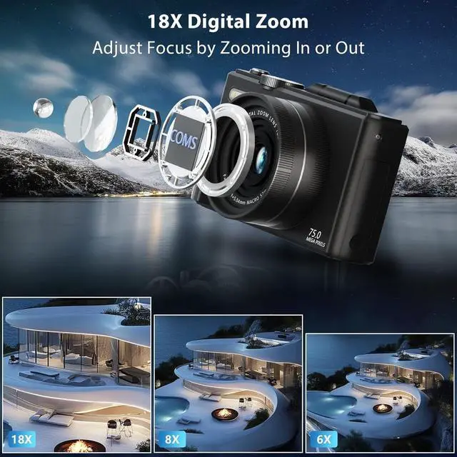 Alt view image 3 of 6 - 5K Vlogging Camera with Flip Screen & Flexible Mini Tripod 75MP Compact Camera for YouTube, WiFi, 18X Zoom, Portable Camera Kit with Lens & Case