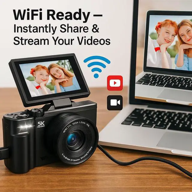 Alt view image 4 of 6 - 5K Vlogging Camera with Flip Screen & Flexible Mini Tripod 75MP Compact Camera for YouTube, WiFi, 18X Zoom, Portable Camera Kit with Lens & Case