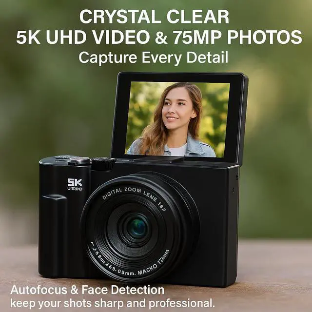 Alt view image 5 of 6 - 5K Vlogging Camera with Flip Screen & Flexible Mini Tripod 75MP Compact Camera for YouTube, WiFi, 18X Zoom, Portable Camera Kit with Lens & Case