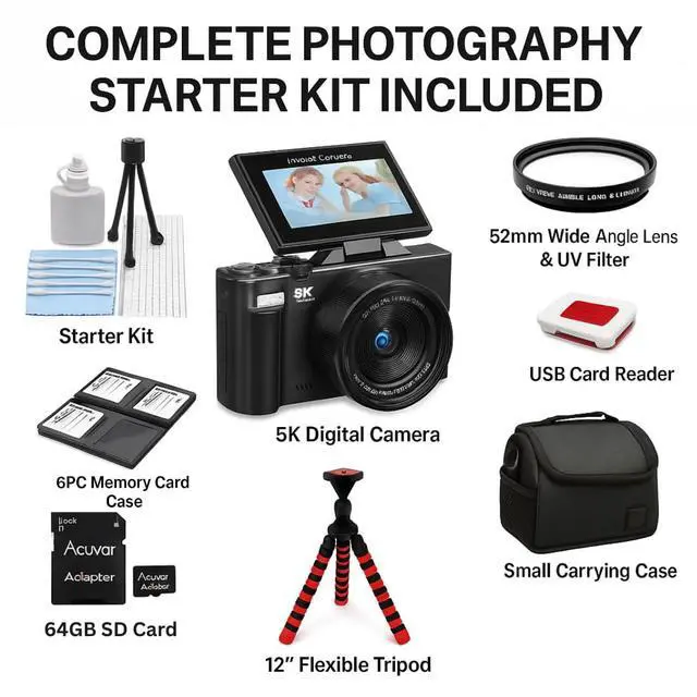 Alt view image 6 of 6 - 5K Vlogging Camera with Flip Screen & Flexible Mini Tripod 75MP Compact Camera for YouTube, WiFi, 18X Zoom, Portable Camera Kit with Lens & Case