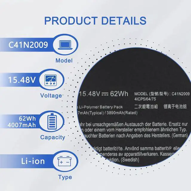 Alt view image 2 of 4 - C41N2009 Laptop Battery Compatible with Asus ROG Flow X13 GV301 GV301Q GV301QC GV301QE GV301QH GV301RA GV301RC GV301RE GV301QC-K5020 GV301QH-K6069T GV301QE-K6022T Series 0B200-03850000 15.48V