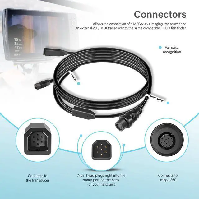 Alt view image 4 of 7 - 720107-1 9 M360 2DDI Y - MEGA 360 & 2D/MDI 7-pin Transducer Adapter Cable Y Cable Compatible with MEGA 360 and Helix 8/9/ 10/12/ 15 Fishfinder