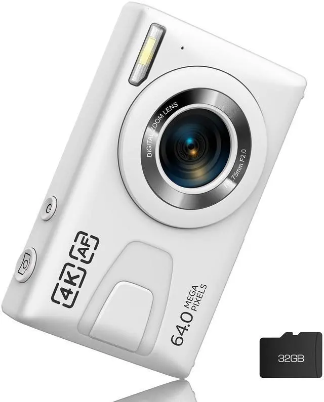 Main image of Digital Camera 4K 64MP Vlogging Camera Autofocus Point and Shoot Digital Cameras for Photography Camera for Kid Student Children Teen Girl Boy, 18X, 2 Batteries, 32GB Card, White