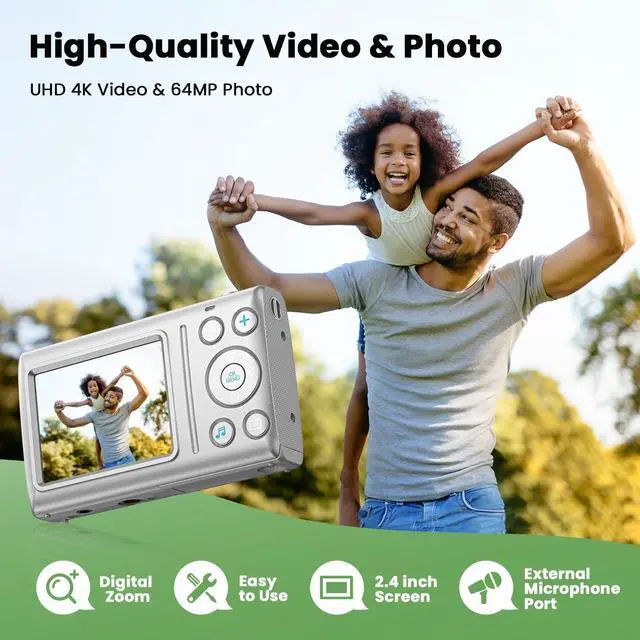 Alt view image 2 of 6 - Digital Camera 4K 64MP Vlogging Camera Autofocus Point and Shoot Digital Cameras for Photography Camera for Kid Student Children Teen Girl Boy, 18X, 2 Batteries, 32GB Card, White