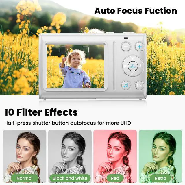 Alt view image 3 of 6 - Digital Camera 4K 64MP Vlogging Camera Autofocus Point and Shoot Digital Cameras for Photography Camera for Kid Student Children Teen Girl Boy, 18X, 2 Batteries, 32GB Card, White