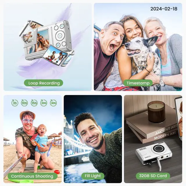Alt view image 5 of 6 - Digital Camera 4K 64MP Vlogging Camera Autofocus Point and Shoot Digital Cameras for Photography Camera for Kid Student Children Teen Girl Boy, 18X, 2 Batteries, 32GB Card, White