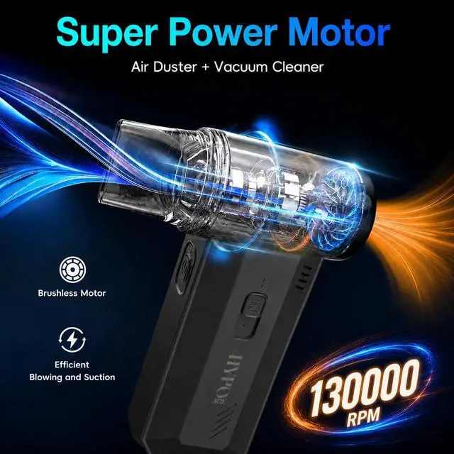 Alt view image 2 of 7 - Electric Compressed Air Duster, Handheld Cordless 2 in 1 Air Blower and Vacuum, 130000RPM Electirc Turbo Jet Blower, Stepless Speed Motor, Type-C Fast Charge for Computer, Keyboard, Car, Pet House