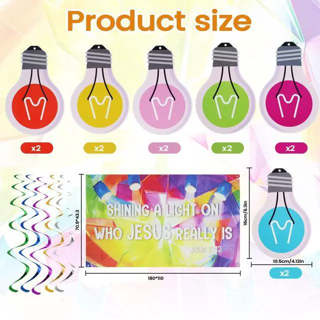 Alt view image 2 of 6 - VBS 2026 Decorations Jesus is The Light of The World Backdrop Banner | 5.9x3.6Ft, 12 Light Bulb Cutouts, Christian Religious Bible Verse Photo Props