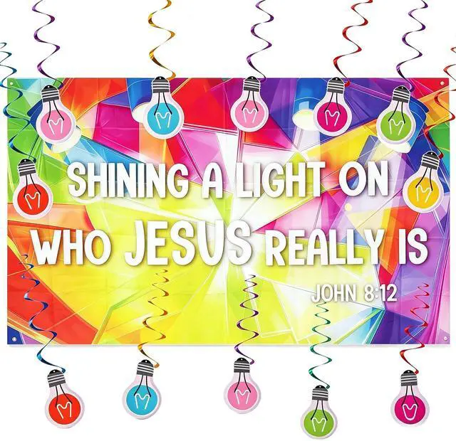 Main image of VBS 2026 Decorations Jesus is The Light of The World Backdrop Banner | 5.9x3.6Ft, 12 Light Bulb Cutouts, Christian Religious Bible Verse Photo Props
