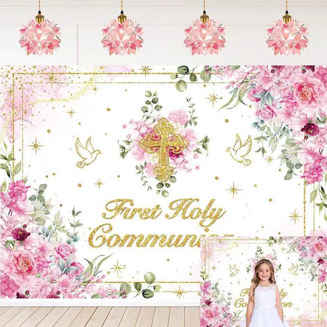 Main image of First Holy Communion Backdrop Pink Flower Gold Cross God Bless Photography Background Girls Christening Party Baby Shower Decorations Banner
