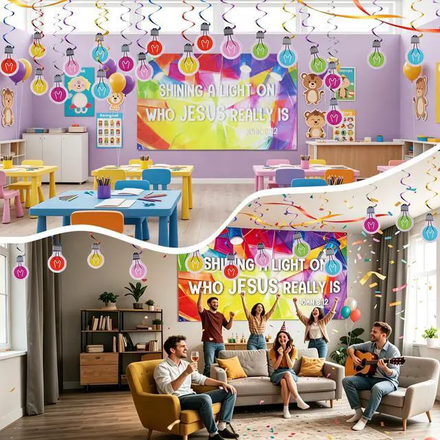 Alt view image 5 of 6 - VBS 2026 Decorations Jesus is The Light of The World Backdrop Banner | 5.9x3.6Ft, 12 Light Bulb Cutouts, Christian Religious Bible Verse Photo Props