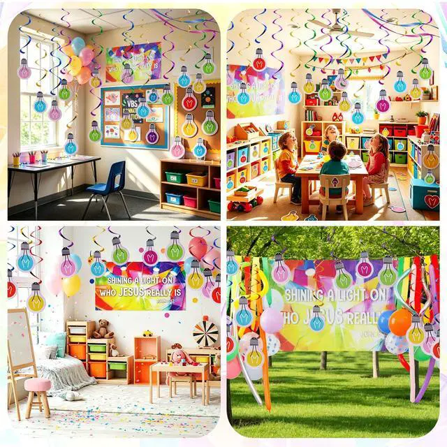 Alt view image 6 of 6 - VBS 2026 Decorations Jesus is The Light of The World Backdrop Banner | 5.9x3.6Ft, 12 Light Bulb Cutouts, Christian Religious Bible Verse Photo Props