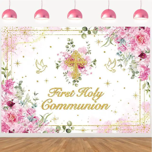 Alt view image 3 of 7 - First Holy Communion Backdrop Pink Flower Gold Cross God Bless Photography Background Girls Christening Party Baby Shower Decorations Banner