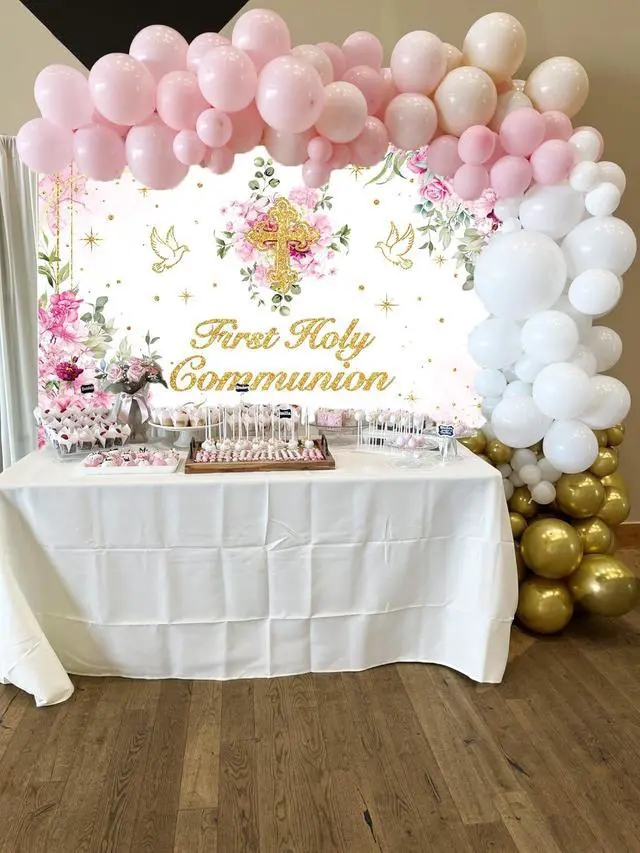 Alt view image 5 of 7 - First Holy Communion Backdrop Pink Flower Gold Cross God Bless Photography Background Girls Christening Party Baby Shower Decorations Banner