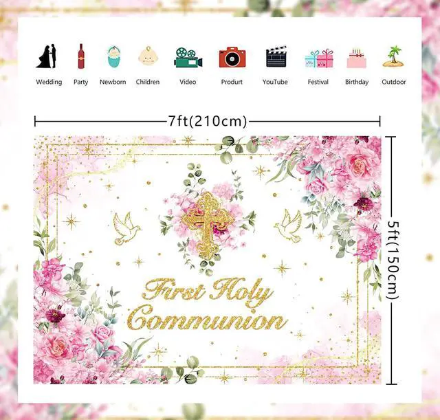 Alt view image 6 of 7 - First Holy Communion Backdrop Pink Flower Gold Cross God Bless Photography Background Girls Christening Party Baby Shower Decorations Banner
