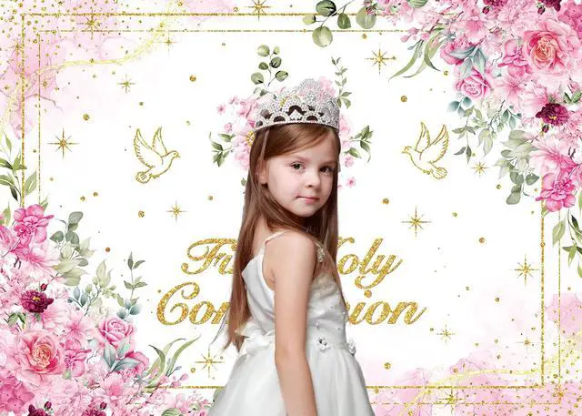 Alt view image 2 of 7 - First Holy Communion Backdrop Pink Flower Gold Cross God Bless Photography Background Girls Christening Party Baby Shower Decorations Banner