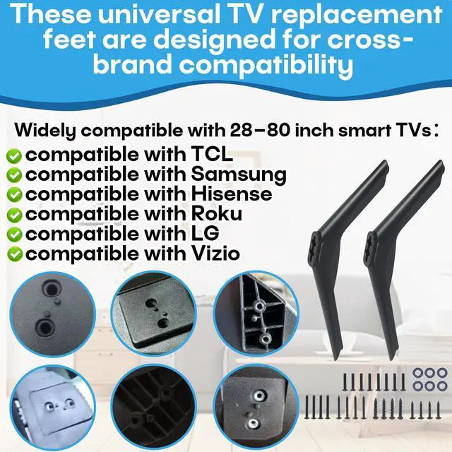 Alt view image 6 of 7 - 1Pair Replacement TV Feet Compatible with 32-80 Inches Samsung | Compatible with TCL Smart TV,Compatible with Roku,Compatible with LG & Hisense & Vizio Tabletop TV Stand Legs,Screws Included