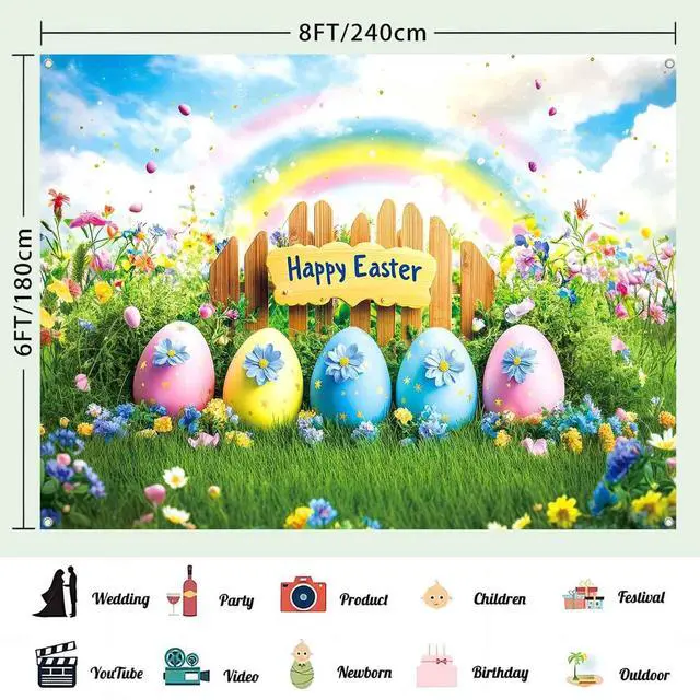 Alt view image 3 of 7 - 8x6ft Happy Easter Backdrop Banner Colorful Eggs Floral Grass Rainbow Photography Background for Kids Spring Easter Party Decorations Banner Photo Booth Props Indoor Outdoor