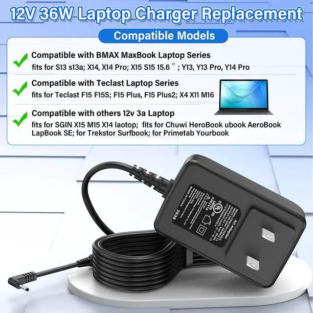 Alt view image 3 of 7 - 12V Laptop Charger Replacement Compatible with BMAX MaxBook Computer | Power AC Adapter Fit for BMAX MaxBook X15 S15 S13 Y14 Y13 X14 fit for Teclast F15 for Trekstor Surfbook for Primetab Yourbook
