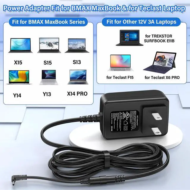 Alt view image 2 of 7 - 12V Laptop Charger Replacement Compatible with BMAX MaxBook Computer | Power AC Adapter Fit for BMAX MaxBook X15 S15 S13 Y14 Y13 X14 fit for Teclast F15 for Trekstor Surfbook for Primetab Yourbook