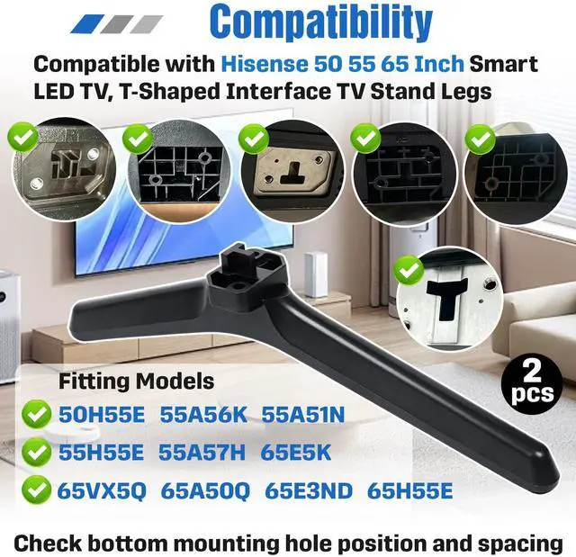 Alt view image 6 of 7 - T-Shaped Interface TV Legs Compatible with Hisense 50'' 55'' 65'' LED TV | Compatible with Hisense Tv Legs Replacement, Compatible with 50H55E 55A56K 55A51N 65E5K,Screws Included