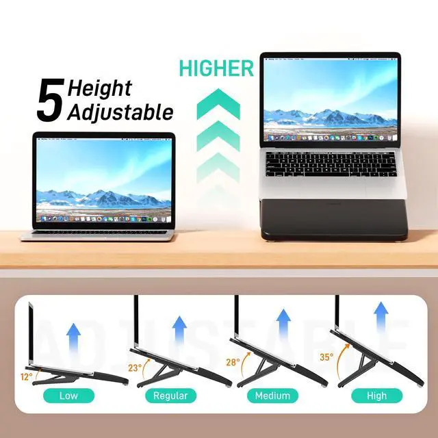 Alt view image 3 of 6 - Adjustable Bamboo Laptop Stand,Portable Computer Riser,Ergonomic Notebook Mount with Wrist Rest,Compatible with 9.8-15'' All Laptops,MacBook Air Pro/HP/Dell/Lenovo,Black