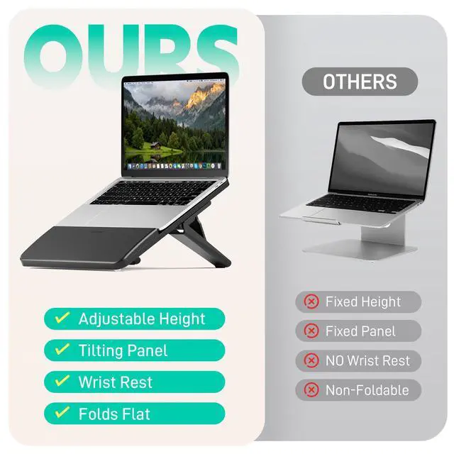 Alt view image 4 of 6 - Adjustable Bamboo Laptop Stand,Portable Computer Riser,Ergonomic Notebook Mount with Wrist Rest,Compatible with 9.8-15'' All Laptops,MacBook Air Pro/HP/Dell/Lenovo,Black