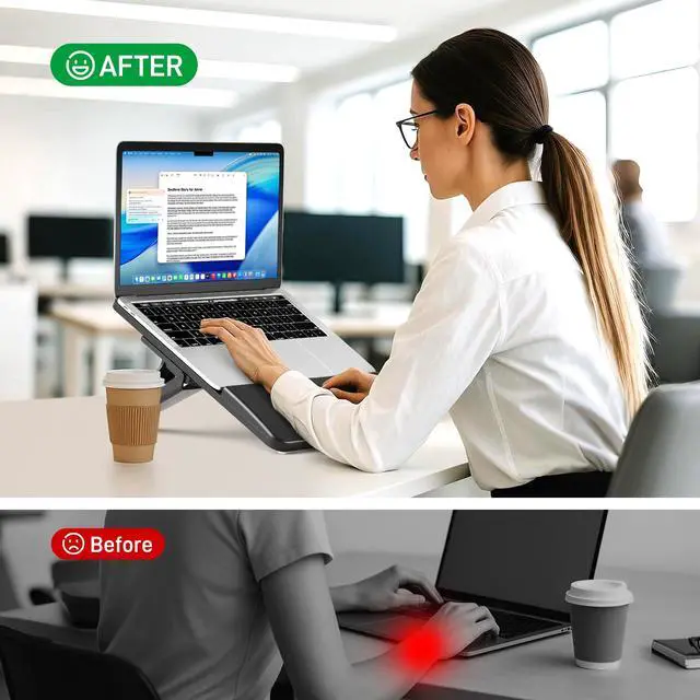 Alt view image 5 of 6 - Adjustable Bamboo Laptop Stand,Portable Computer Riser,Ergonomic Notebook Mount with Wrist Rest,Compatible with 9.8-15'' All Laptops,MacBook Air Pro/HP/Dell/Lenovo,Black