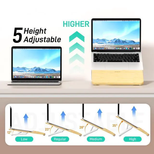 Alt view image 3 of 6 - Adjustable Bamboo Laptop Stand,Portable Computer Riser,Ergonomic Notebook Mount with Wrist Rest,Compatible with 9.8-15'' All Laptops,MacBook Air Pro/HP/Dell/Lenovo,Bamboo