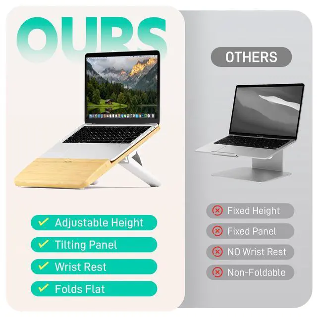 Alt view image 4 of 6 - Adjustable Bamboo Laptop Stand,Portable Computer Riser,Ergonomic Notebook Mount with Wrist Rest,Compatible with 9.8-15'' All Laptops,MacBook Air Pro/HP/Dell/Lenovo,Bamboo