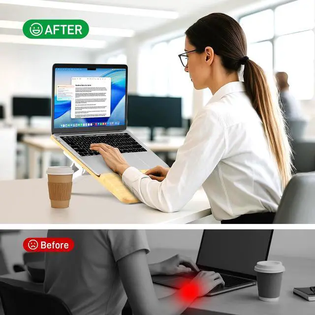 Alt view image 5 of 6 - Adjustable Bamboo Laptop Stand,Portable Computer Riser,Ergonomic Notebook Mount with Wrist Rest,Compatible with 9.8-15'' All Laptops,MacBook Air Pro/HP/Dell/Lenovo,Bamboo