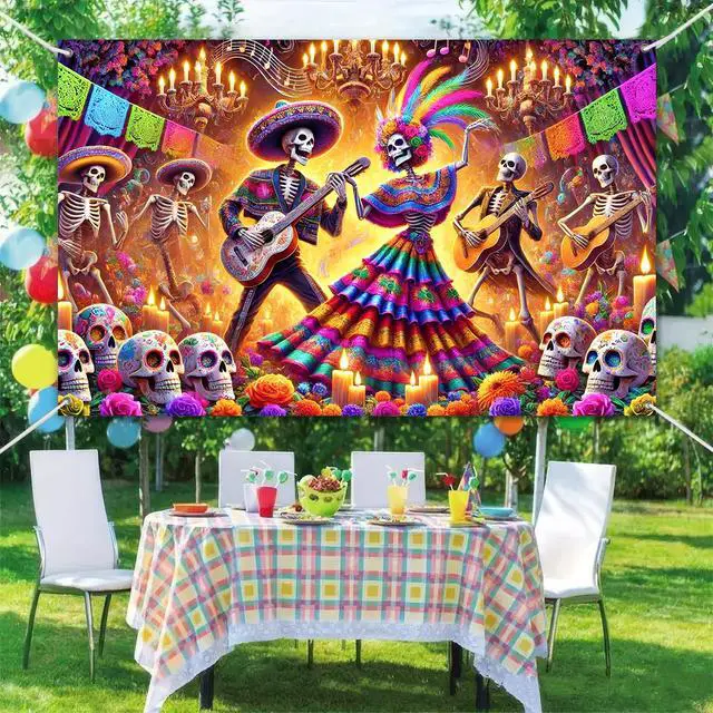 Alt view image 6 of 6 - Dia de Los Muertos Banner 71x43 in Skeleton Party Decor | Day of the Dead Background and Sugar Skull Fiesta Banner for Fiesta, Photo Booth and Wall, Skeleton Design