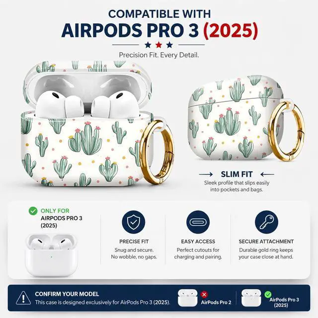 Alt view image 2 of 7 - Compatiable with AirPod Pro 3 Trendy Case with Keychain Shockproof and Full Coverage, Unique Pattern Design for 3rd Gen Airpod Pro(Cactus Pink Yellow Dots)