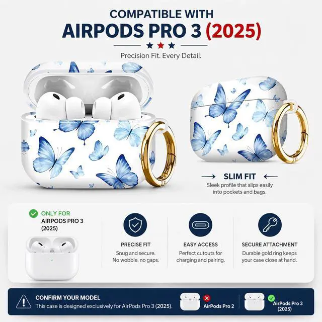 Alt view image 2 of 7 - Compatiable with AirPod Pro 3 Trendy Case with Keychain Shockproof and Full Coverage, Unique Pattern Design for 3rd Gen Airpod Pro(Blue Butterflies Watercolor)